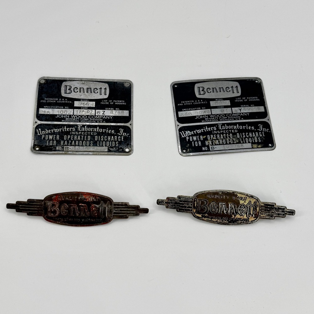Vintage‎ 40s Bennett Gas Pump Data Plates Emblems Badges Authentic Petroliana